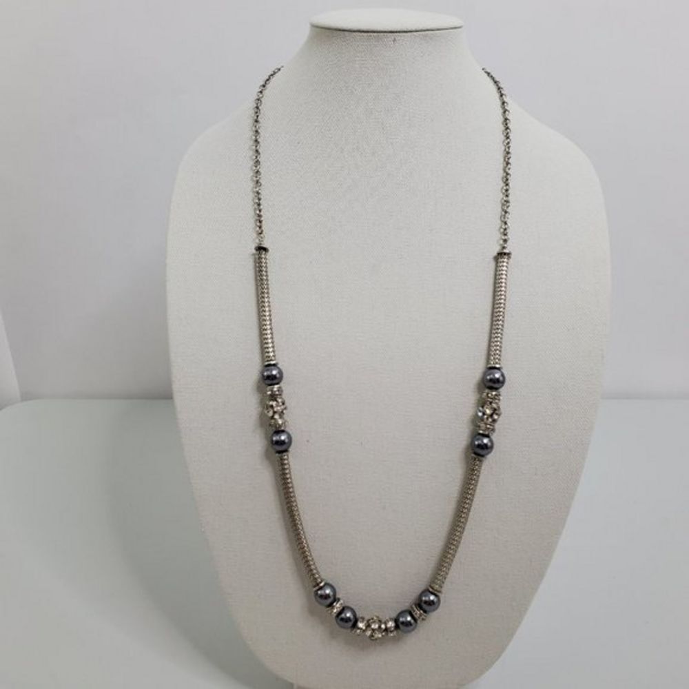 VCLM Necklace Gray‎ Faux Pearl Silver Tone Chain Lo
